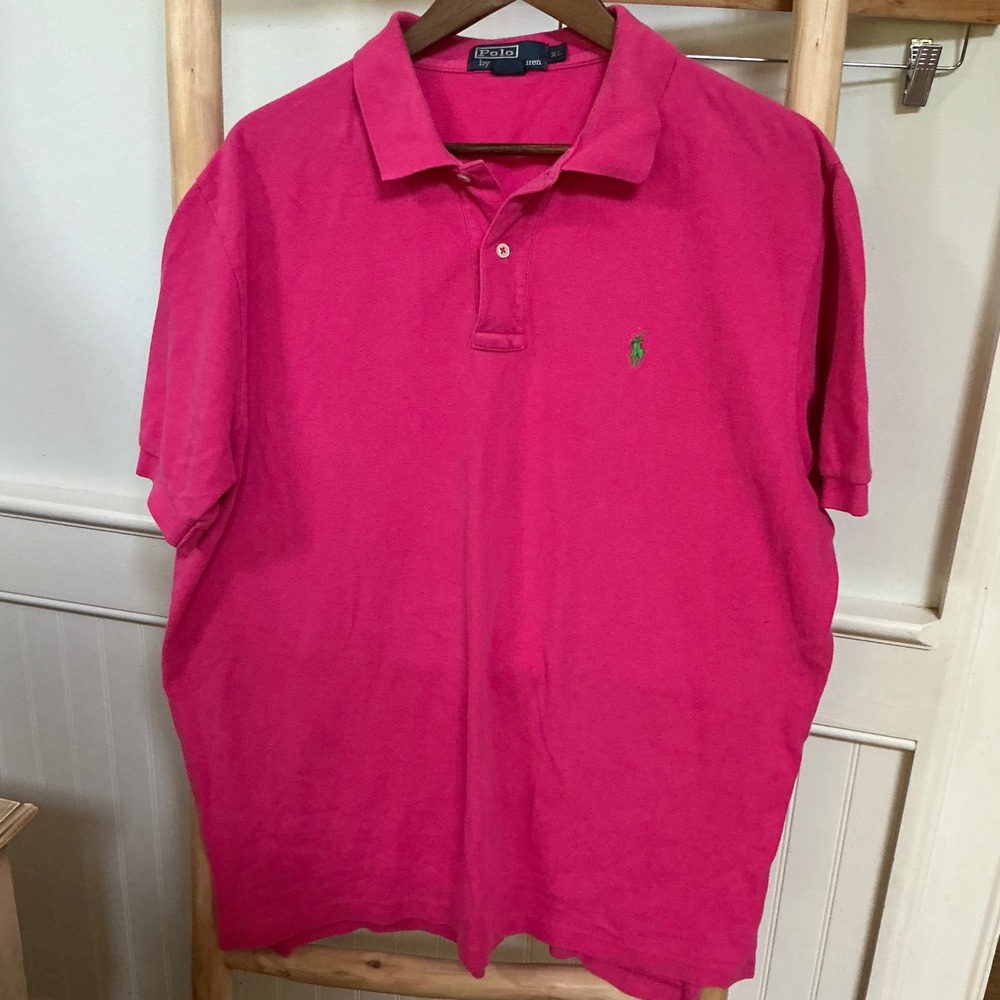 Polo Ralph Lauren Mens XL Pink Short Sleeve Pique Cotton Polo Shirt Green Pony